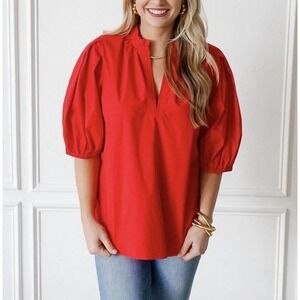 Caryn Lawn Anna V Neck Puff Sleeve Cotton Poplin Top Blouse One Size Scarlet Red